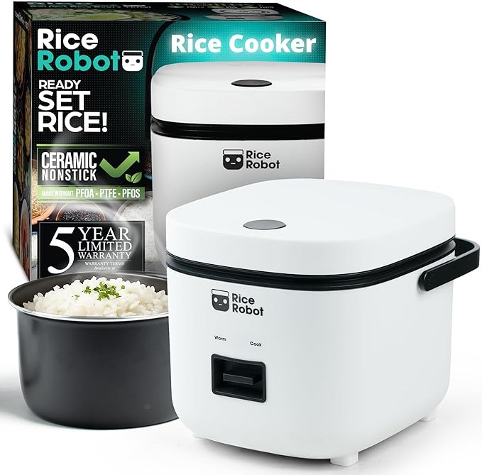 Rice Robot Personal Rice Cooker, PFAS-free, Nonstick. 1 Quart Capacity, with Stainless Steel Steamer Tray, Measuring Cups, Recipe Book with 60 Recipes, and Serving Spoon
