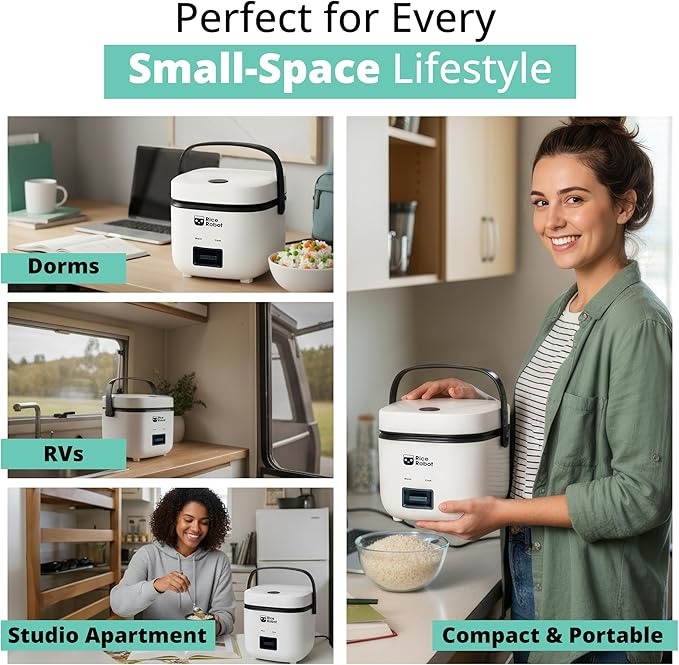 Rice Robot Personal Rice Cooker, PFAS-free, Nonstick. 1 Quart Capacity, with Stainless Steel Steamer Tray, Measuring Cups, Recipe Book with 60 Recipes, and Serving Spoon - Image 4