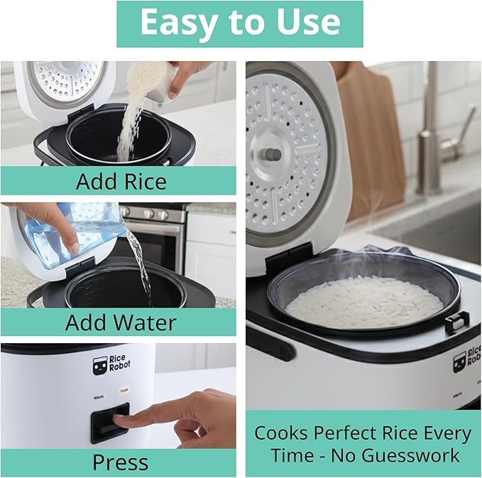 Rice Robot Personal Rice Cooker, PFAS-free, Nonstick. 1 Quart Capacity, with Stainless Steel Steamer Tray, Measuring Cups, Recipe Book with 60 Recipes, and Serving Spoon - Image 3