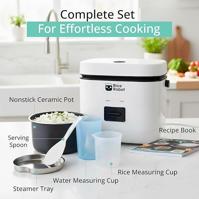Rice Robot Personal Rice Cooker, PFAS-free, Nonstick. 1 Quart Capacity, with Stainless Steel Steamer Tray, Measuring Cups, Recipe Book with 60 Recipes, and Serving Spoon - Image 2